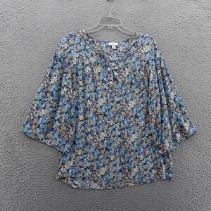 J Jill Floral Popover Blouse‎ Small Blue Multicolor Rayon 3/4 Sleeve Boho Women
